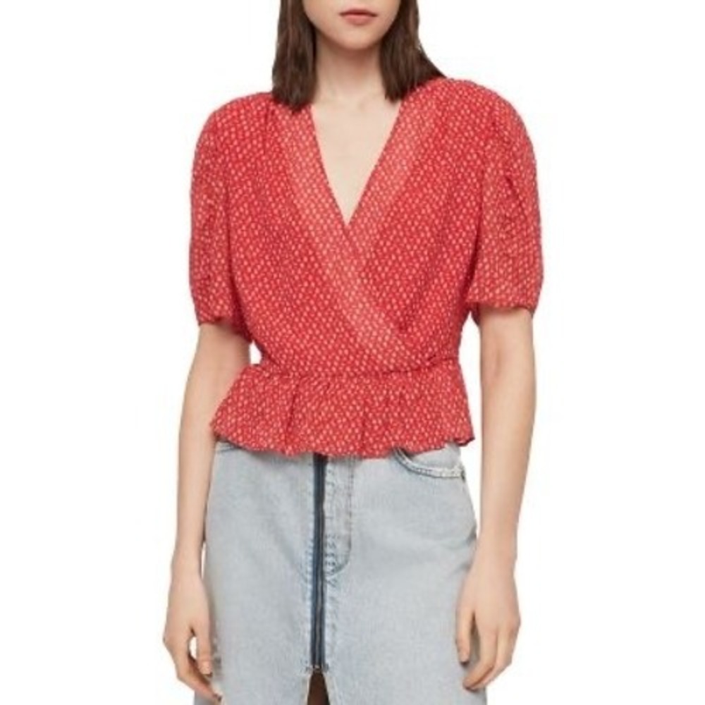 All Saints Ilia Heart Print Peplum Wrap Top Womens Red Size 8 Boho Gypsy Festive